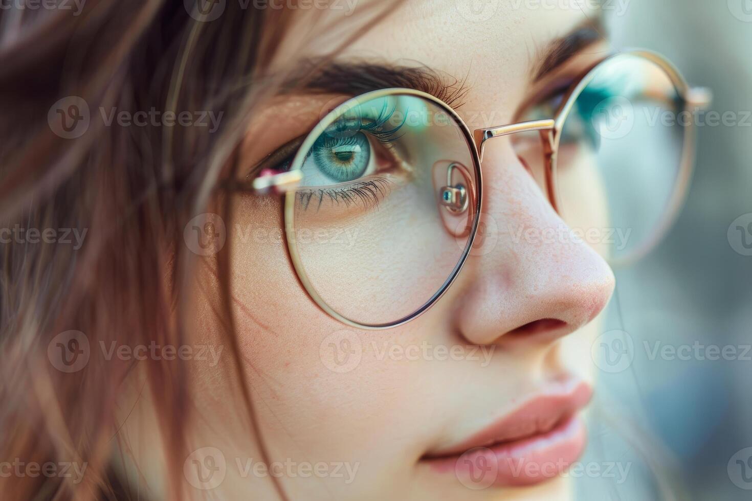 Young woman wearing stylish round glasses reflecting sky, close up portrait of thoughtful female photo