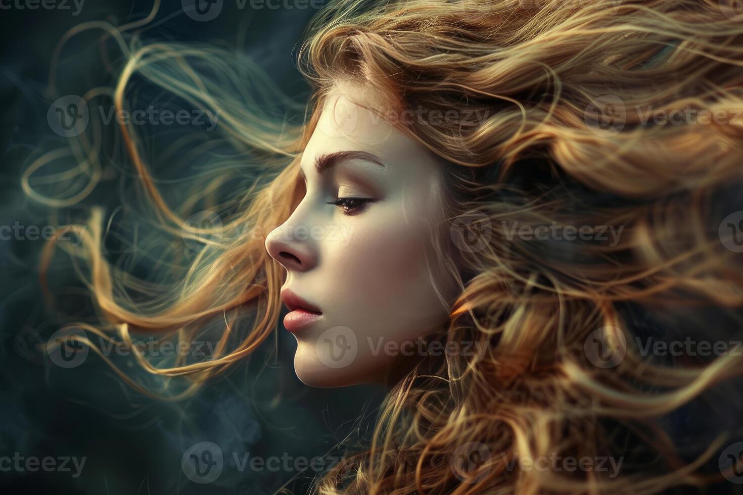 A woman with long red hair blowing in the wind photo