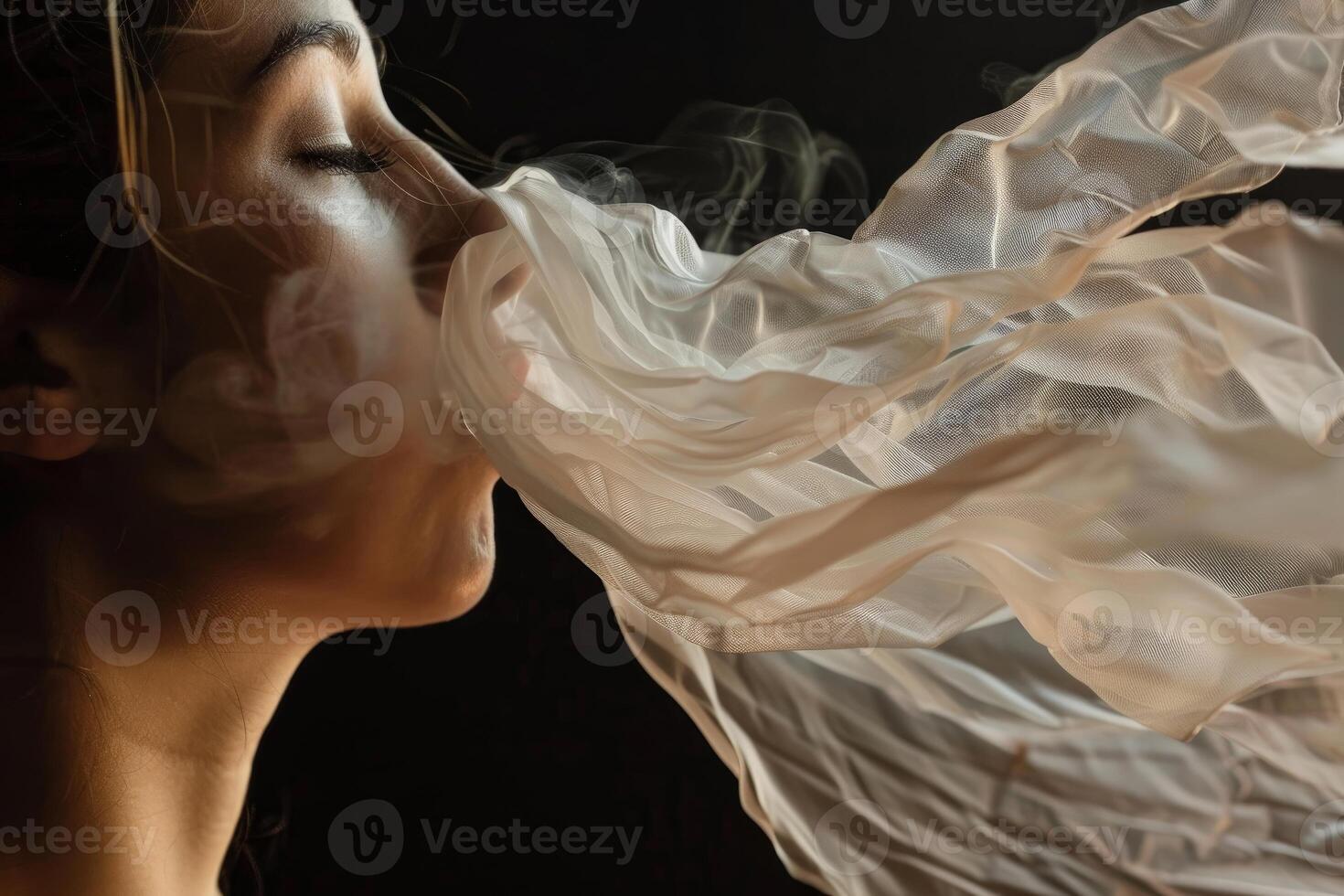 Woman blowing smoke and white transparent fabric on black background photo