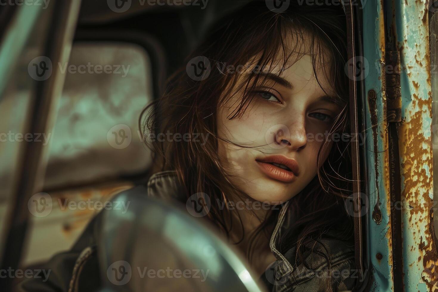 Young woman looking out of old rusty car window photo