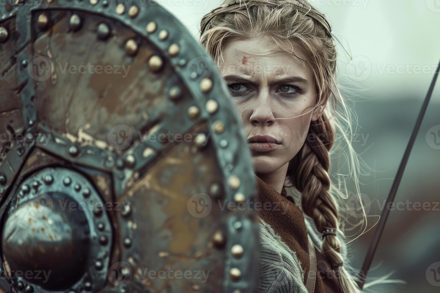 Viking woman warrior is holding a shield and getting ready to fight photo