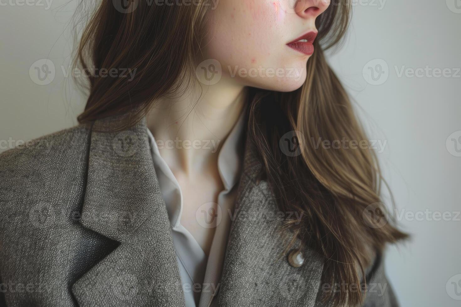 Businesswoman wearing gray blazer and white shirt with dark lipstick photo