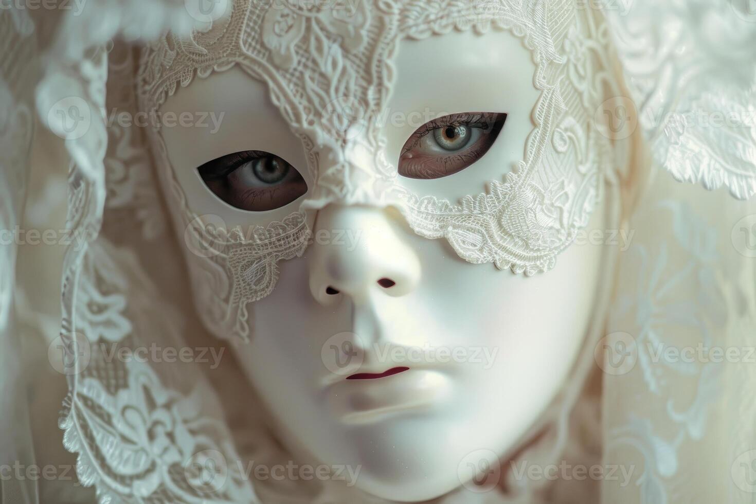 Venetian carnival mask with white lace covering face photo