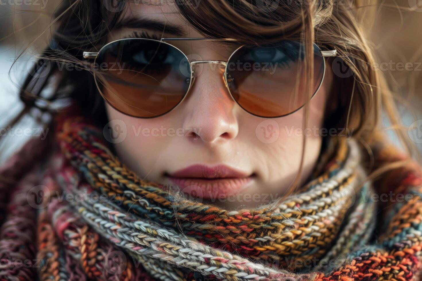 Young woman wearing sunglasses and scarf enjoying winter sun photo