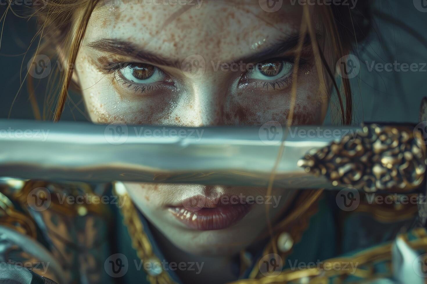Warrior woman holding sword in front of face, showing only eyes photo