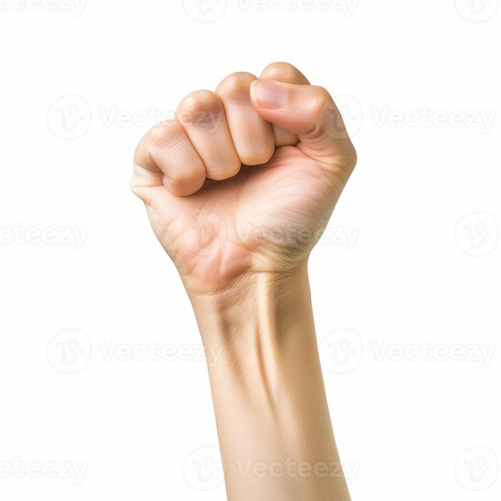 Hand making fist showing strength and determination on white background photo