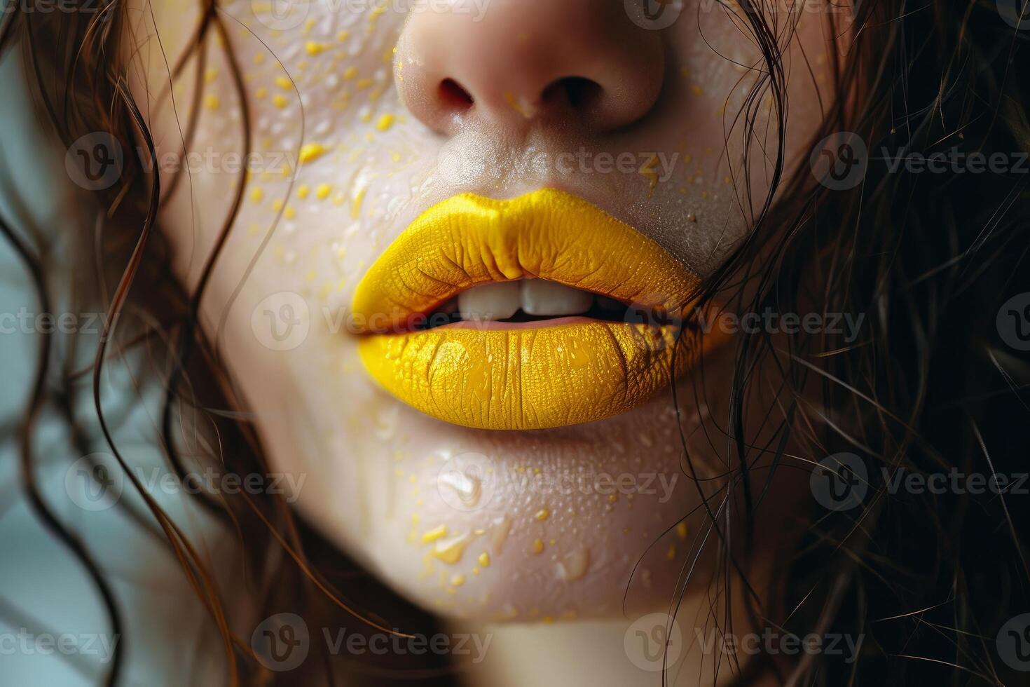 Woman showing yellow lipstick and wet face with water droplets photo