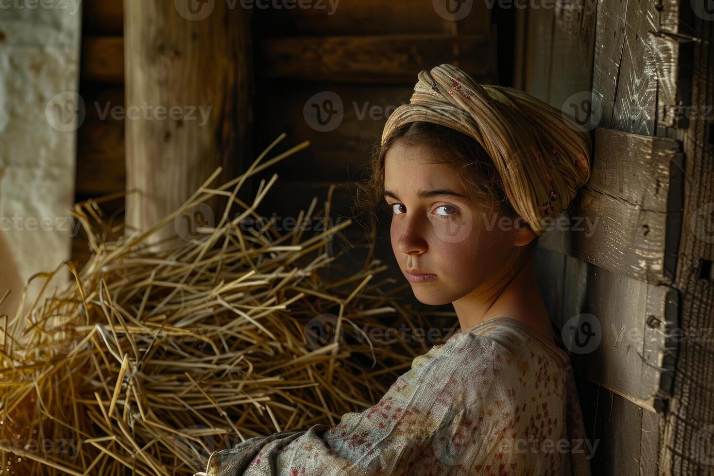 Young peasant girl posing near hay in a barn photo