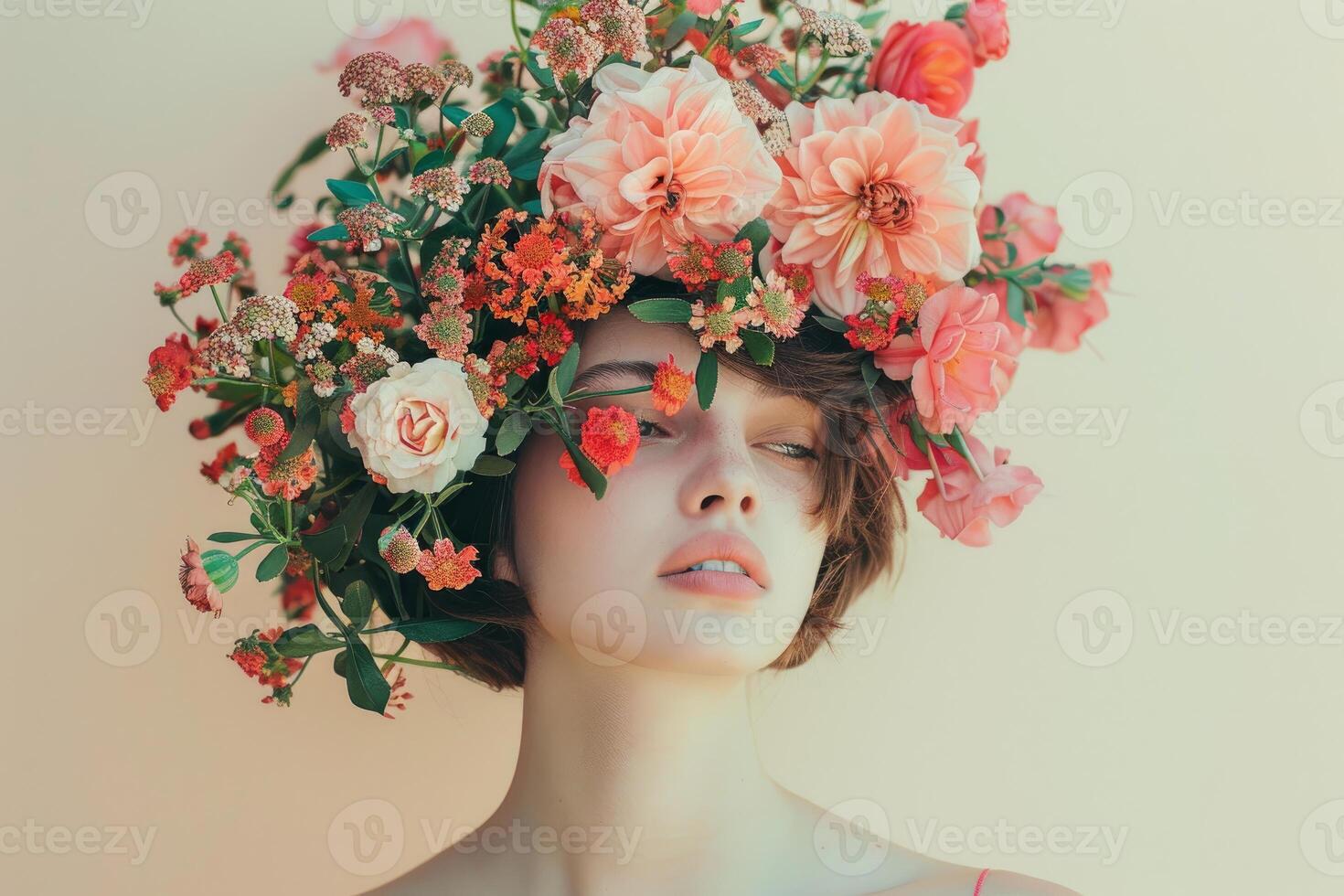 Woman wearing vibrant floral headpiece in artistic portrait photo