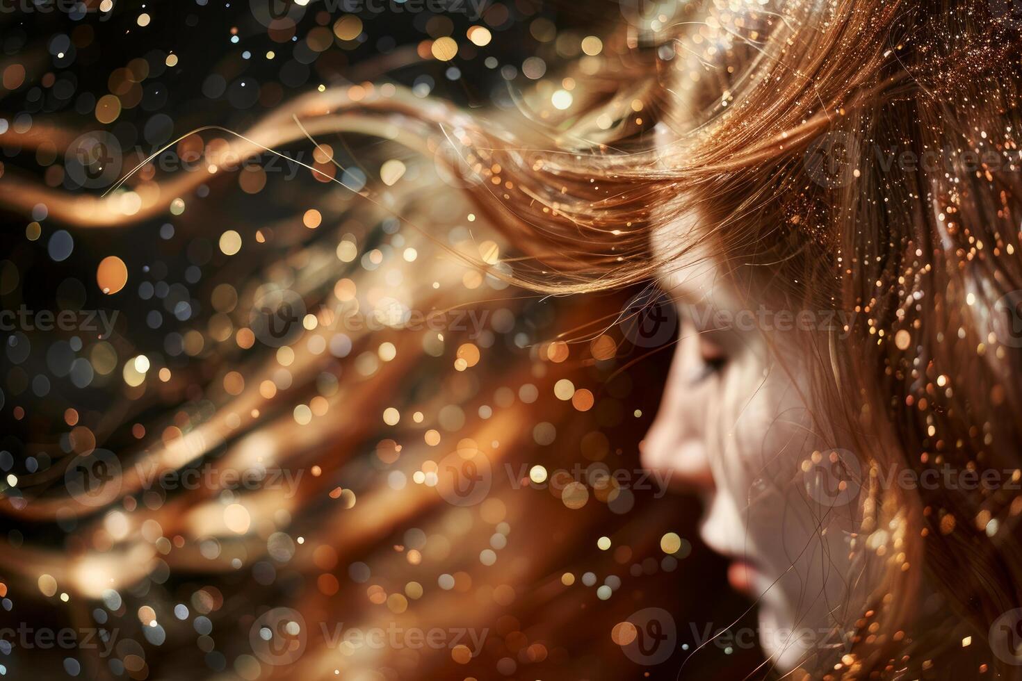 Redhead model with glittering hair blowing in wind on black background photo