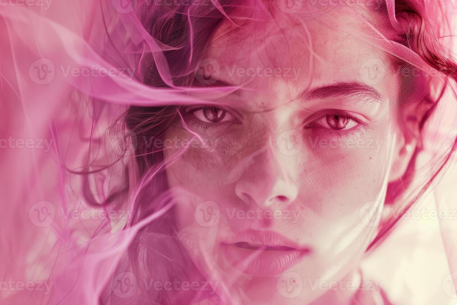 Model posing with pink veil covering face and hair, fashion and beauty portrait photo