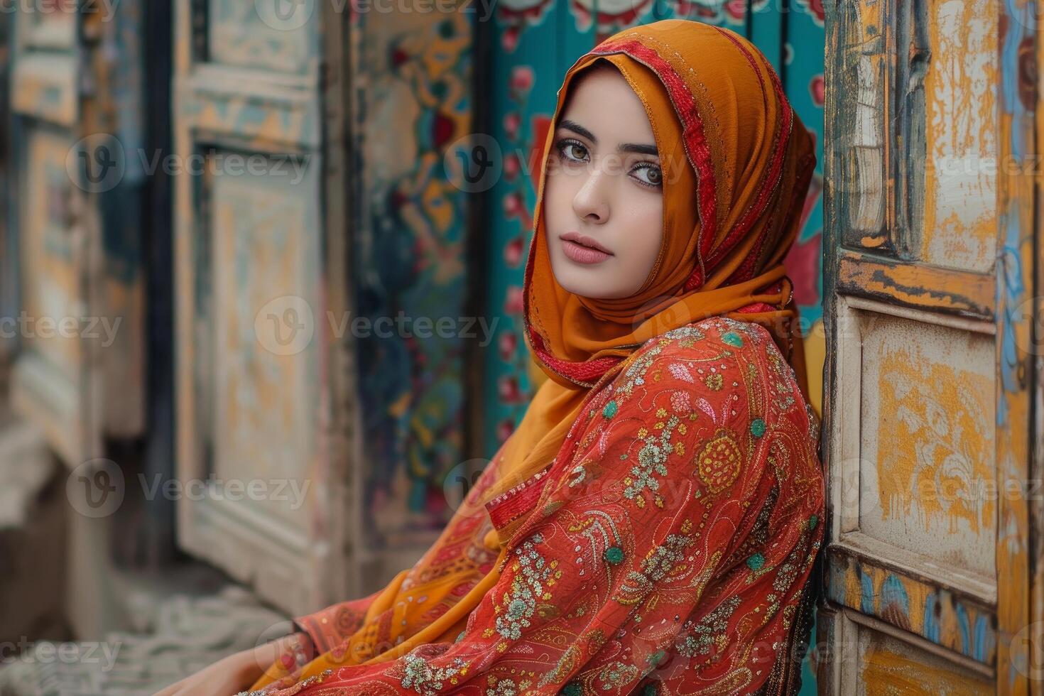 Young muslim woman posing in traditional clothes near colorful door photo