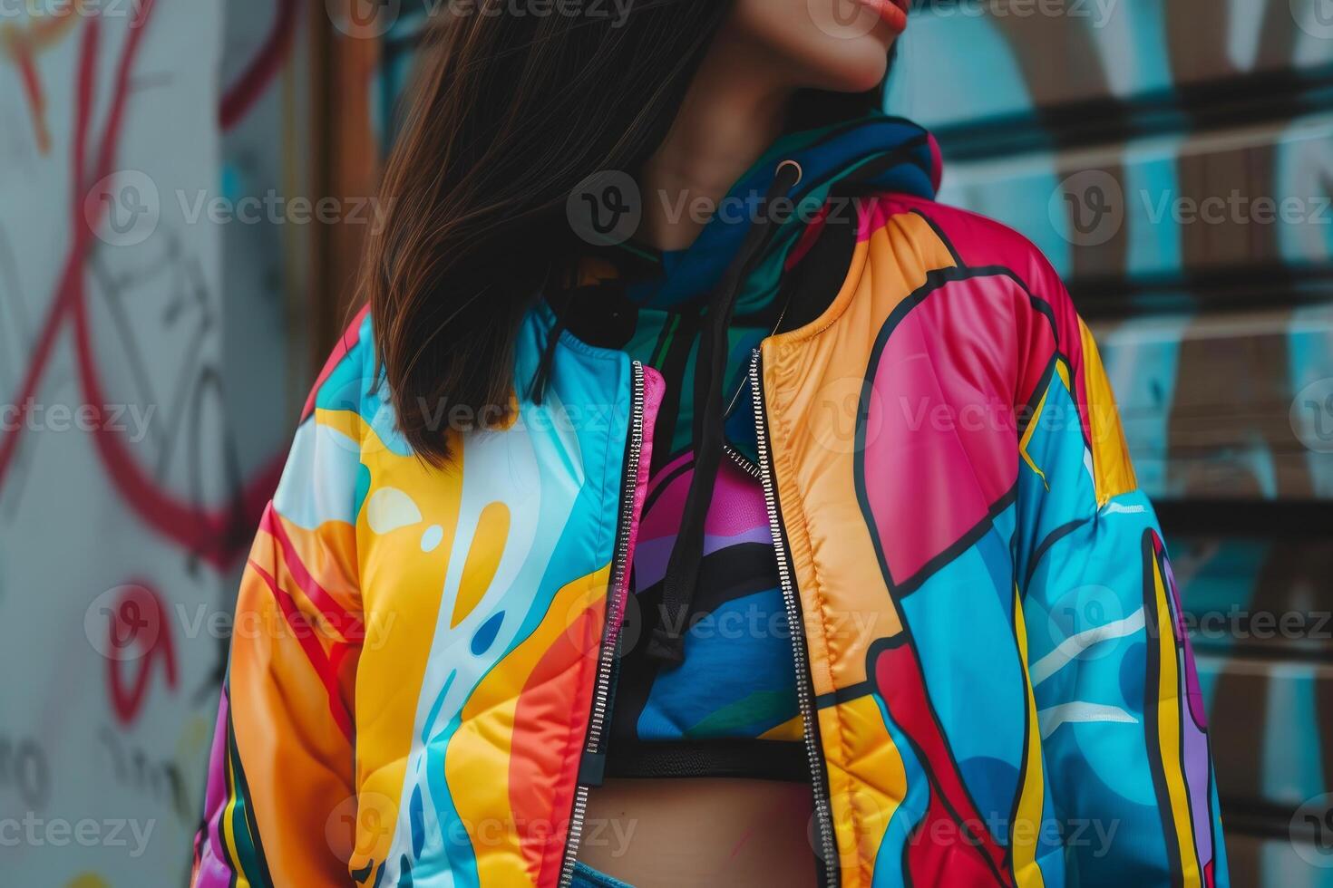 Young trendy woman wearing colorful abstract print jacket and posing in front of graffiti wall photo