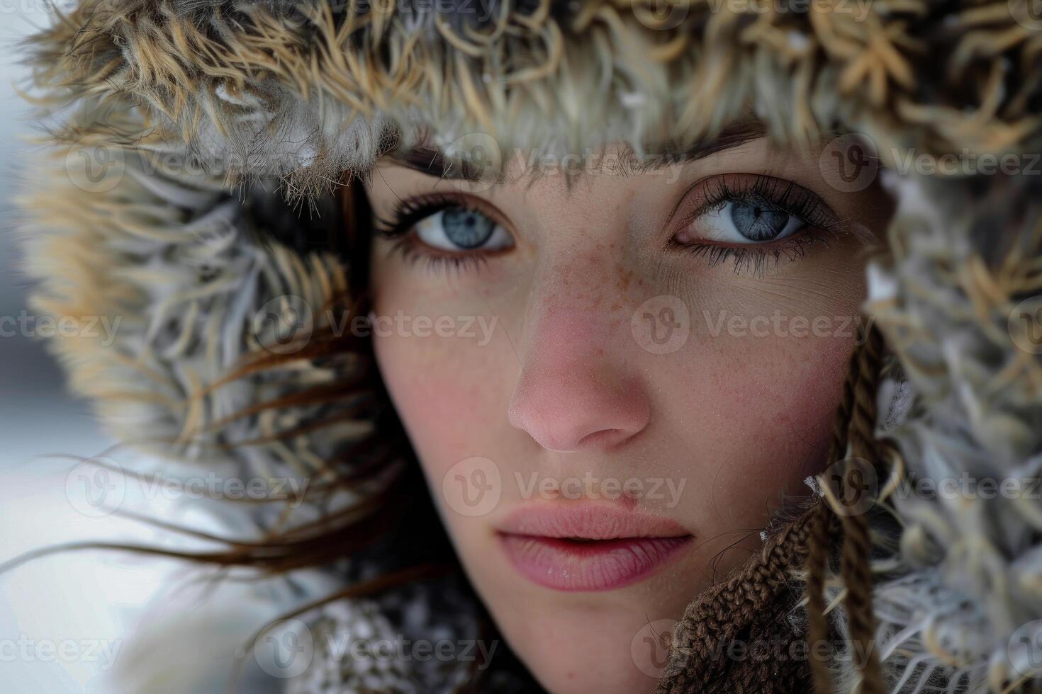 Beautiful woman wearing fur hood in winter wonderland photo