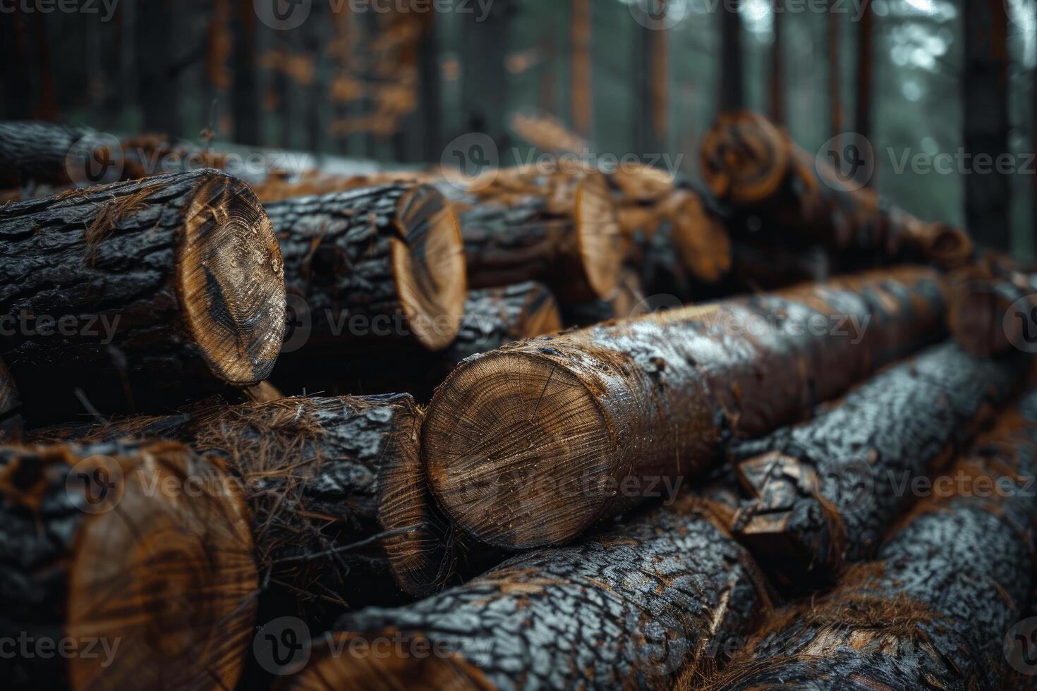 Pile of freshly cut logs in a forest waiting for transportation photo