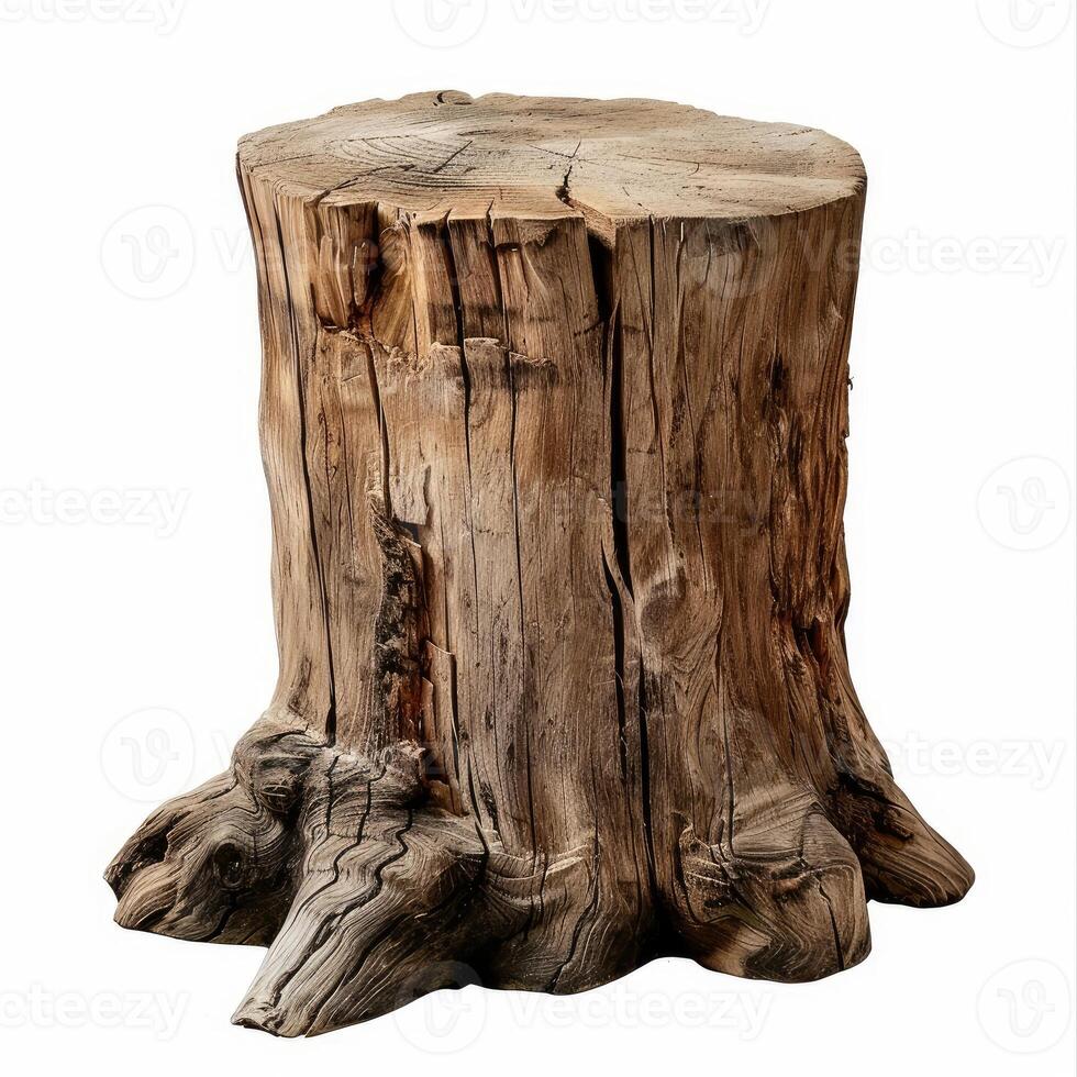 Large tree stump showing weathering and cracks isolated on white background photo