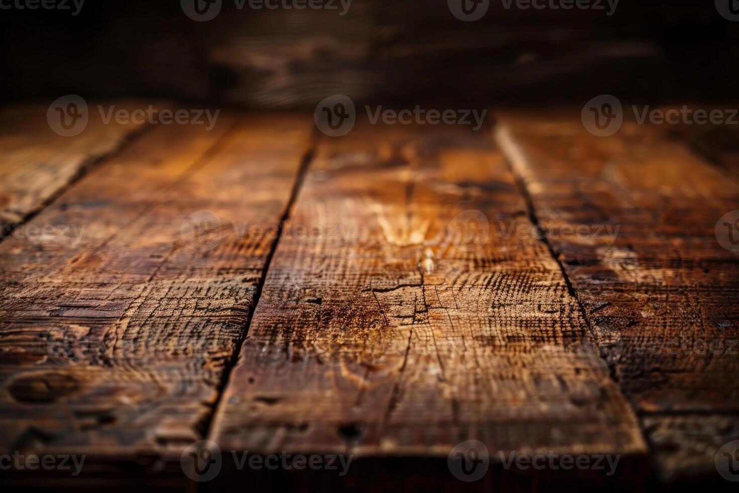 Empty rustic wooden table top with dramatic lighting perfect for product placement photo