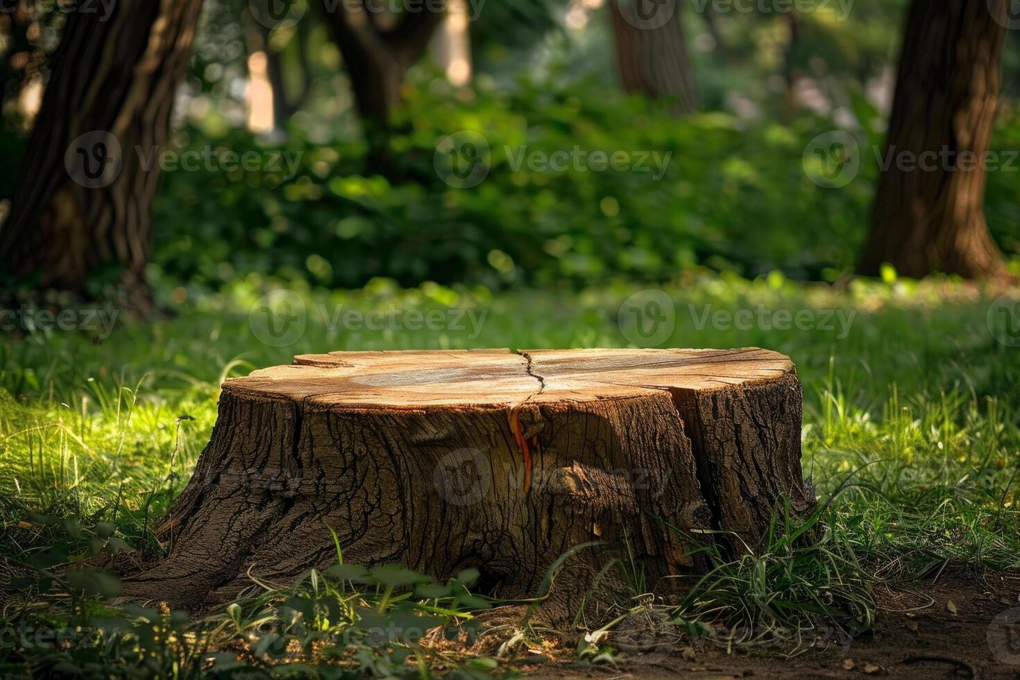 Tree stump standing in lush green forest setting photo