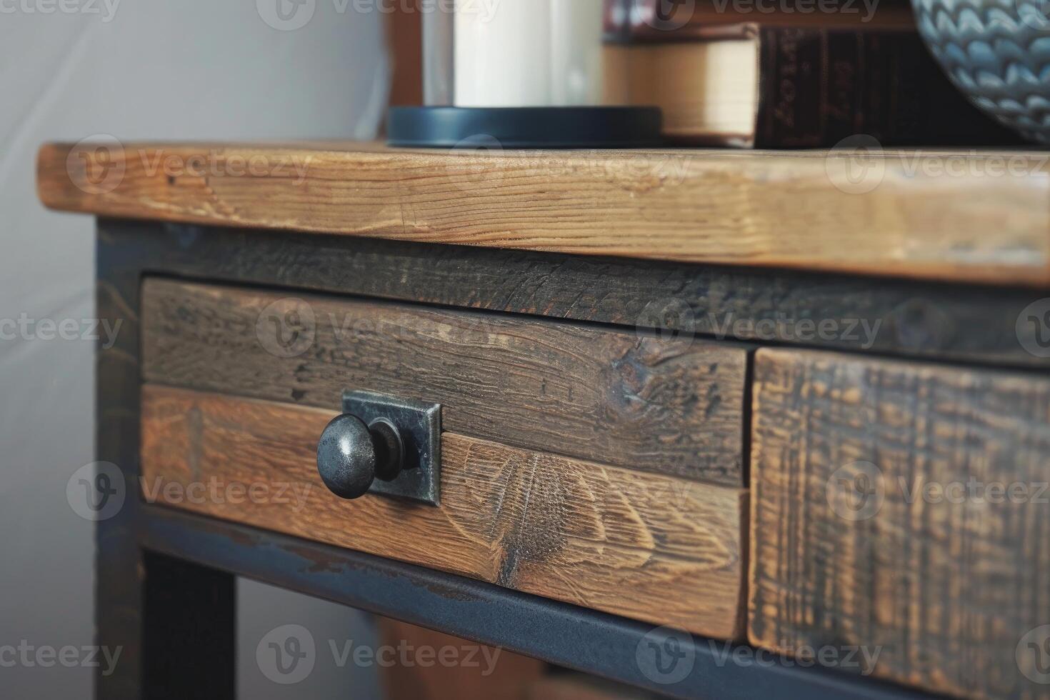 Wooden drawer with metal knob showing craftsmanship in furniture design photo