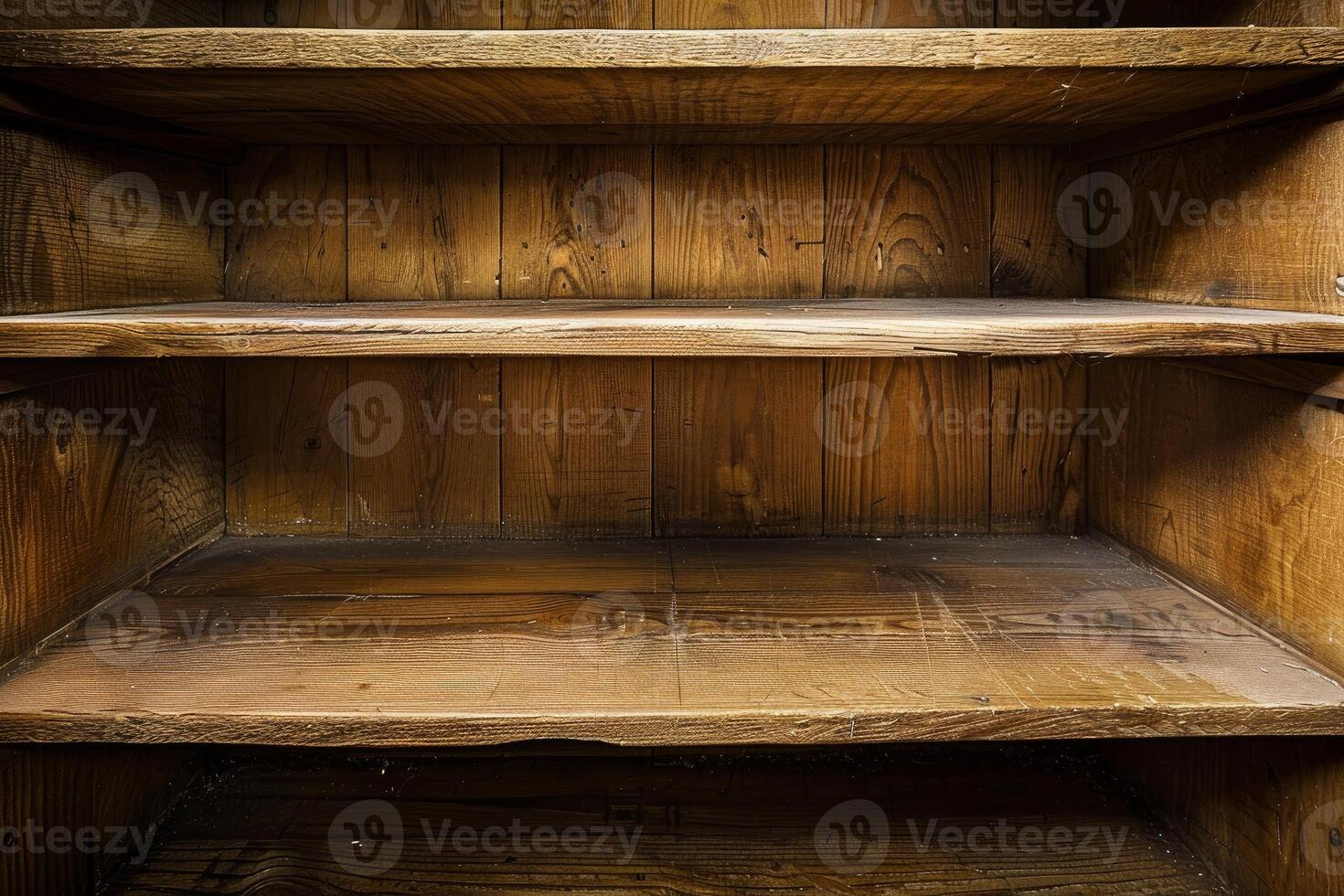 Empty wooden shelves showing grain and texture in rustic cupboard photo