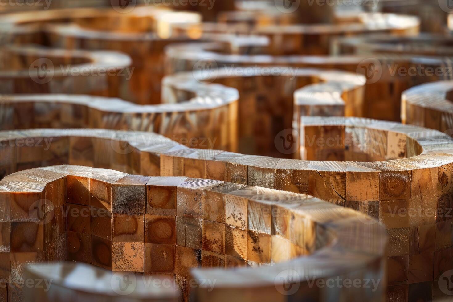 Wooden cubic structures forming a labyrinthine pattern photo