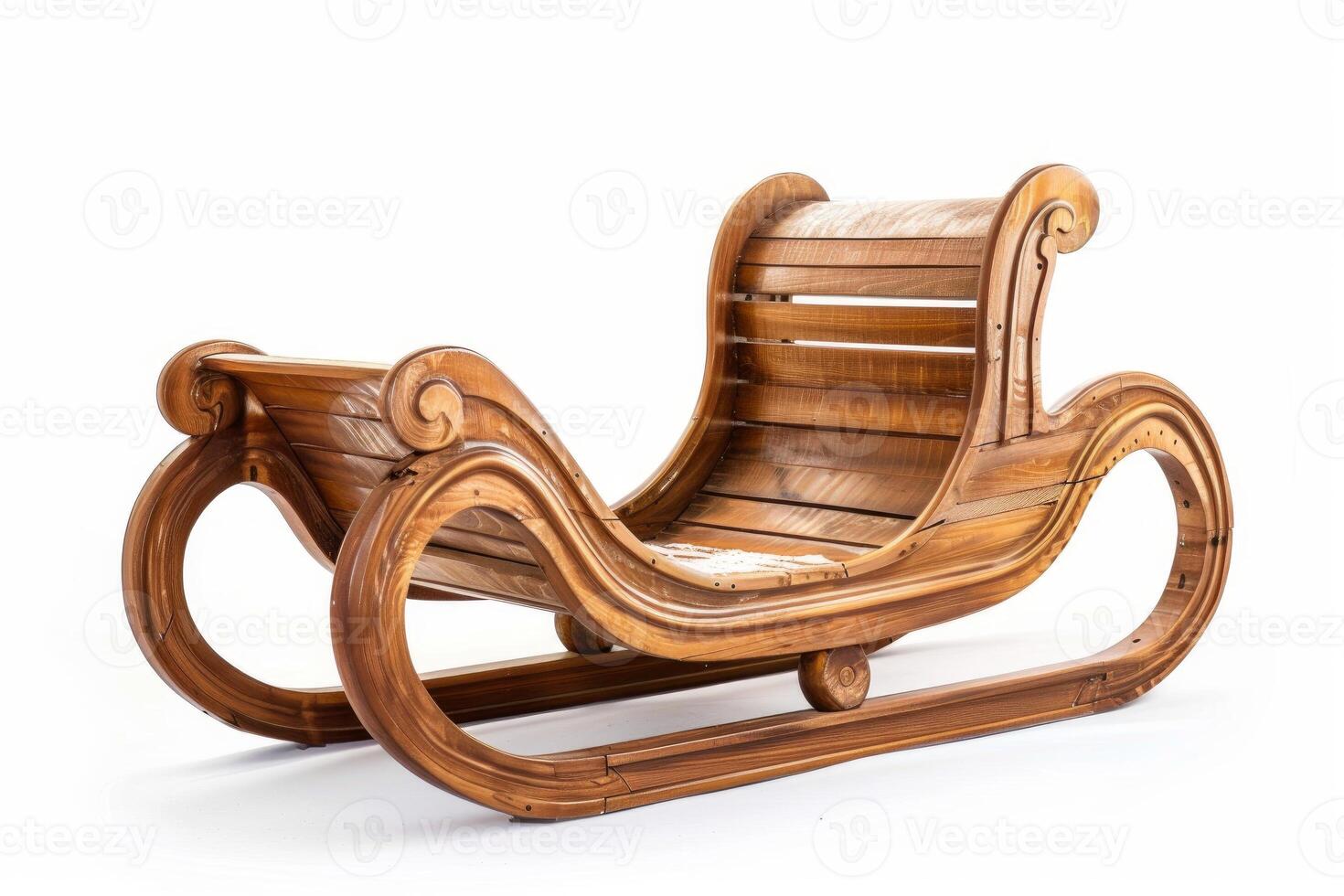 Wooden sleigh carved from light brown wood on white background photo
