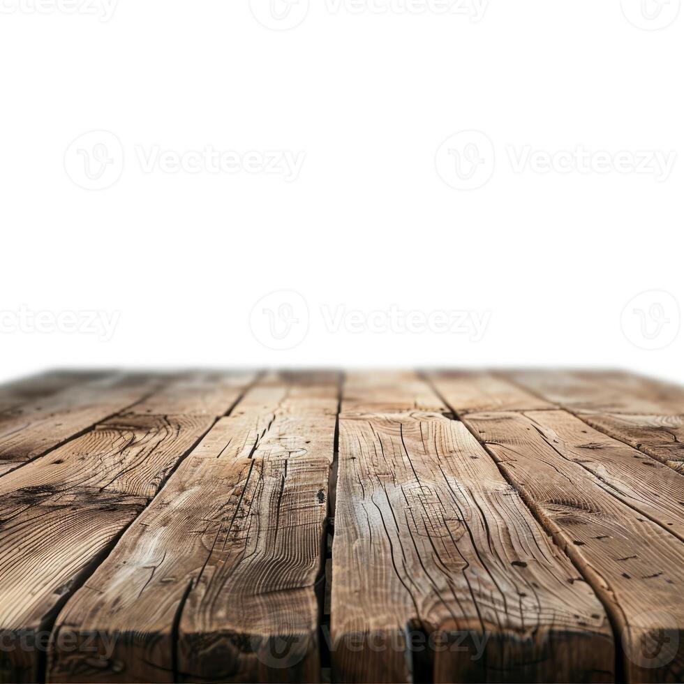 Empty rustic wooden tabletop against white background photo