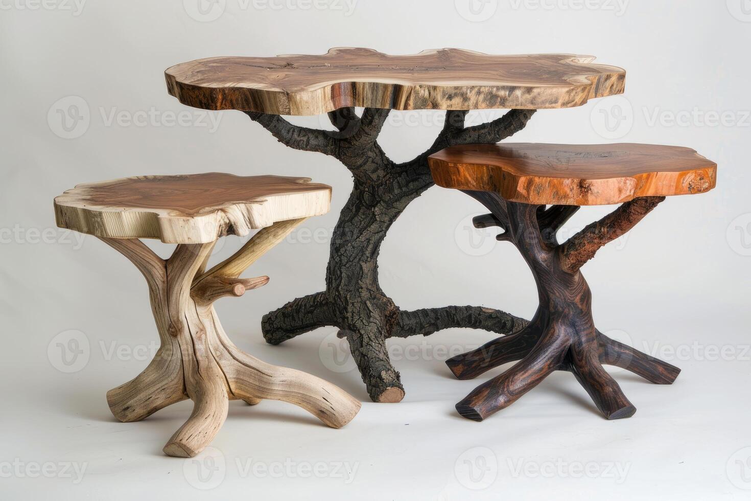 Wooden coffee tables resembling trees displaying natural beauty photo