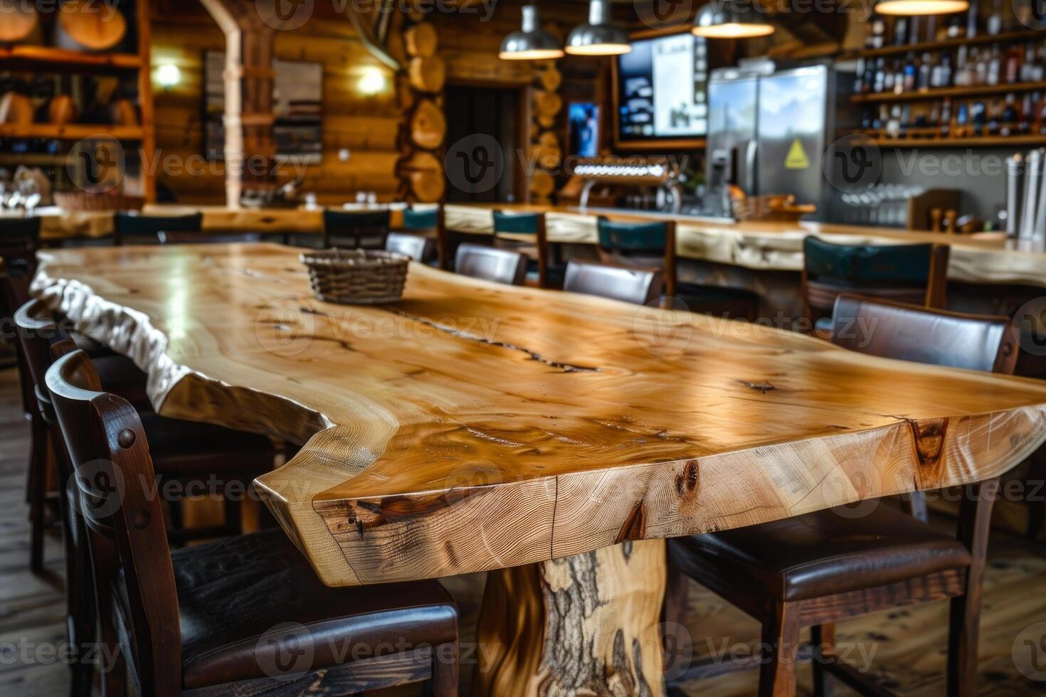 Large natural wooden table showing craftsmanship in rustic log cabin restaurant photo