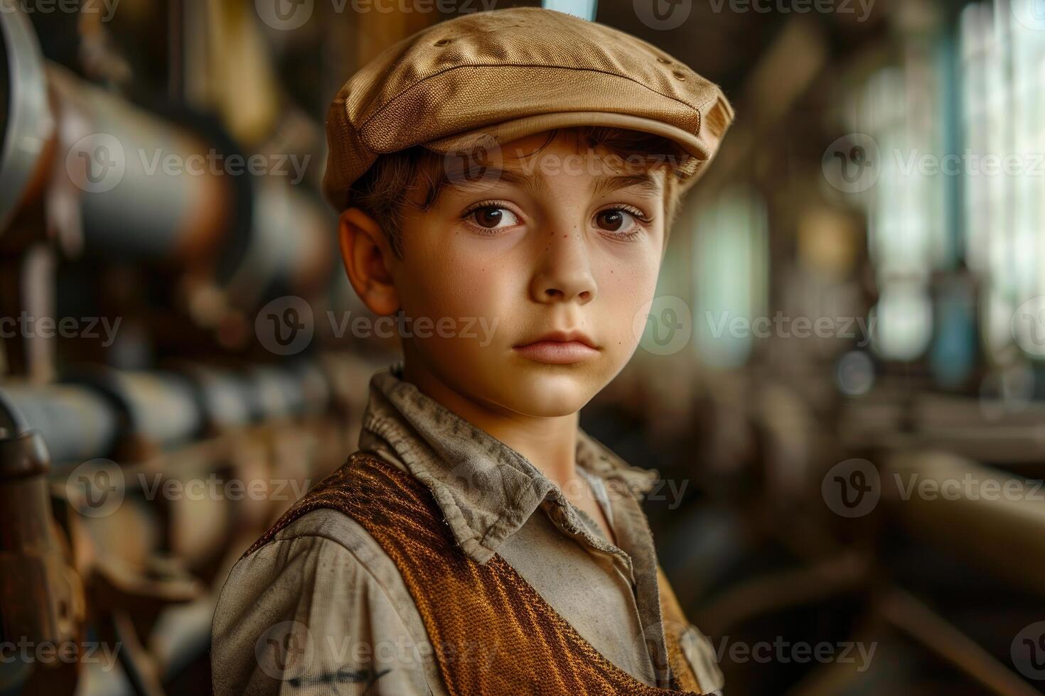 Young apprentice wearing overalls and cap working in a factory photo