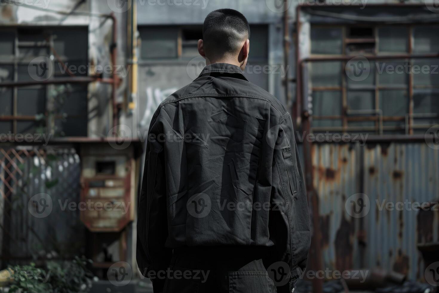 Security guard wearing black uniform standing back in abandoned industrial area photo