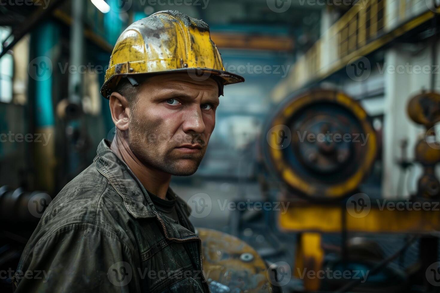 Portrait of coal miner wearing helmet in a dark coal mine photo