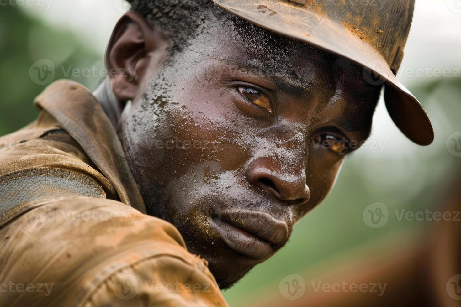 Portrait of african miner covered in sweat and dust photo