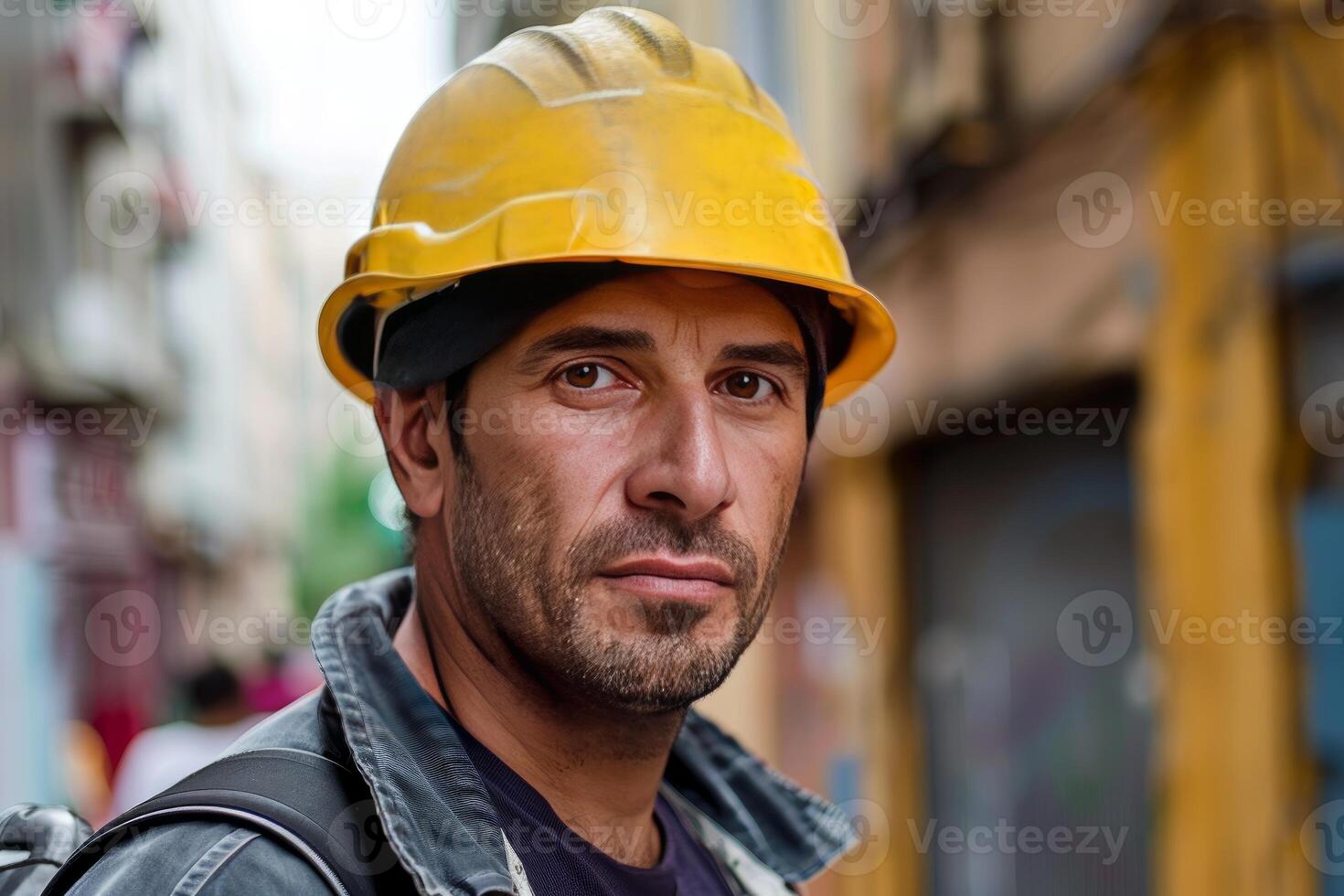 Confident construction worker wearing yellow hard hat in urban setting photo