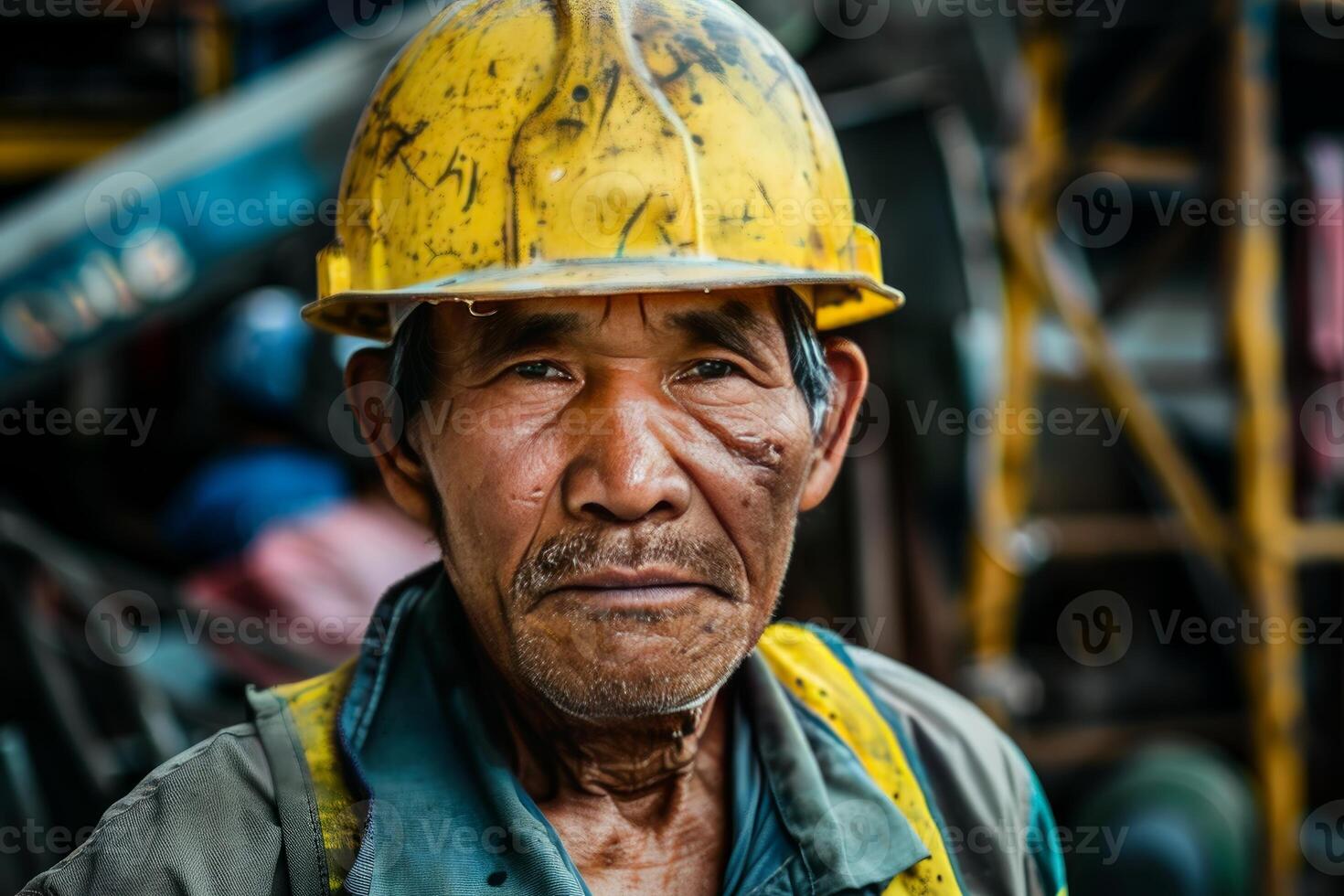 Senior construction worker wearing yellow hardhat in industrial setting photo