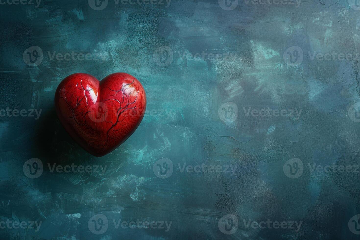 Red decorative wooden heart representing love and affection on teal background photo