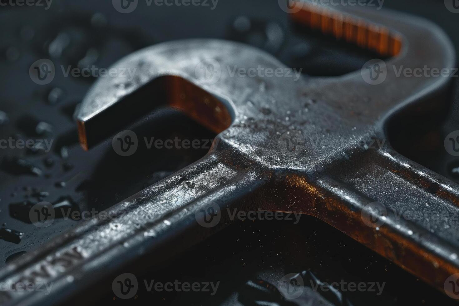 Adjustable wrench resting on wet surface with water droplets photo