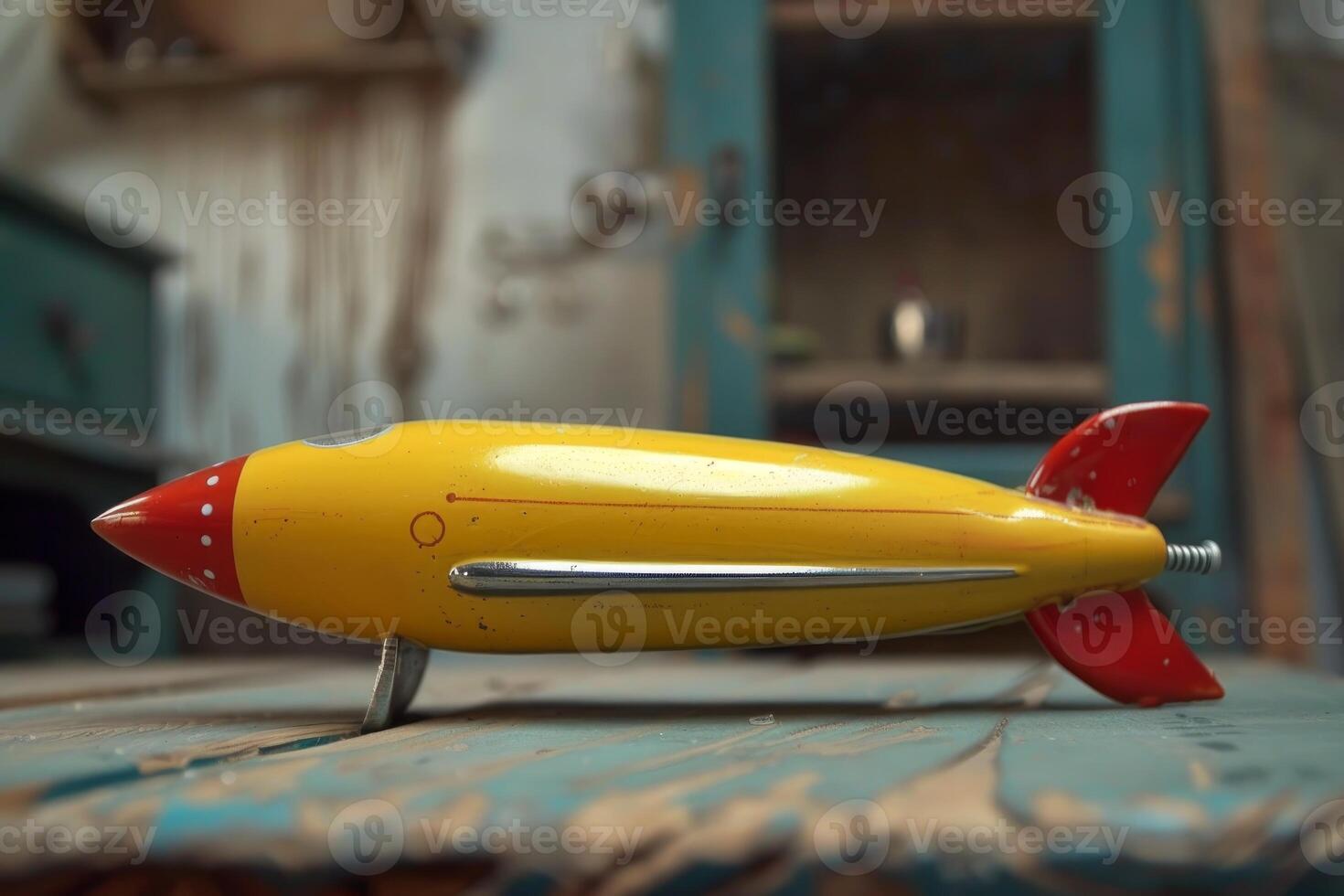 Yellow and red toy rocket resting on rustic table photo