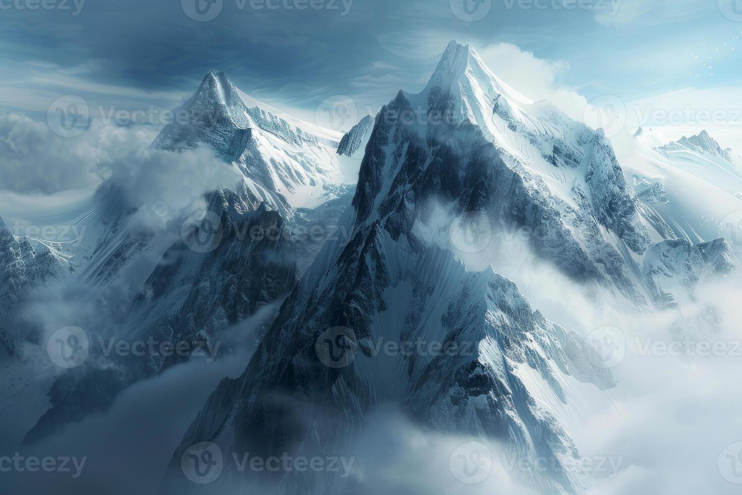 Majestic snow capped mountain peaks piercing through a blanket of clouds photo
