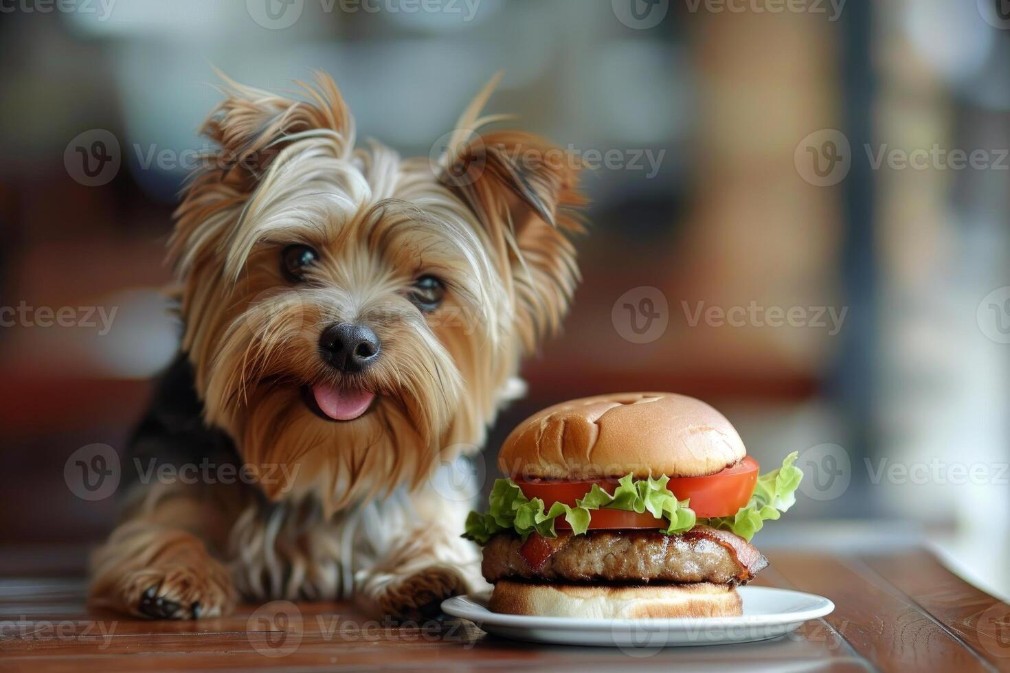 Yorkshire terrier puppy lying on table looking at hamburger photo
