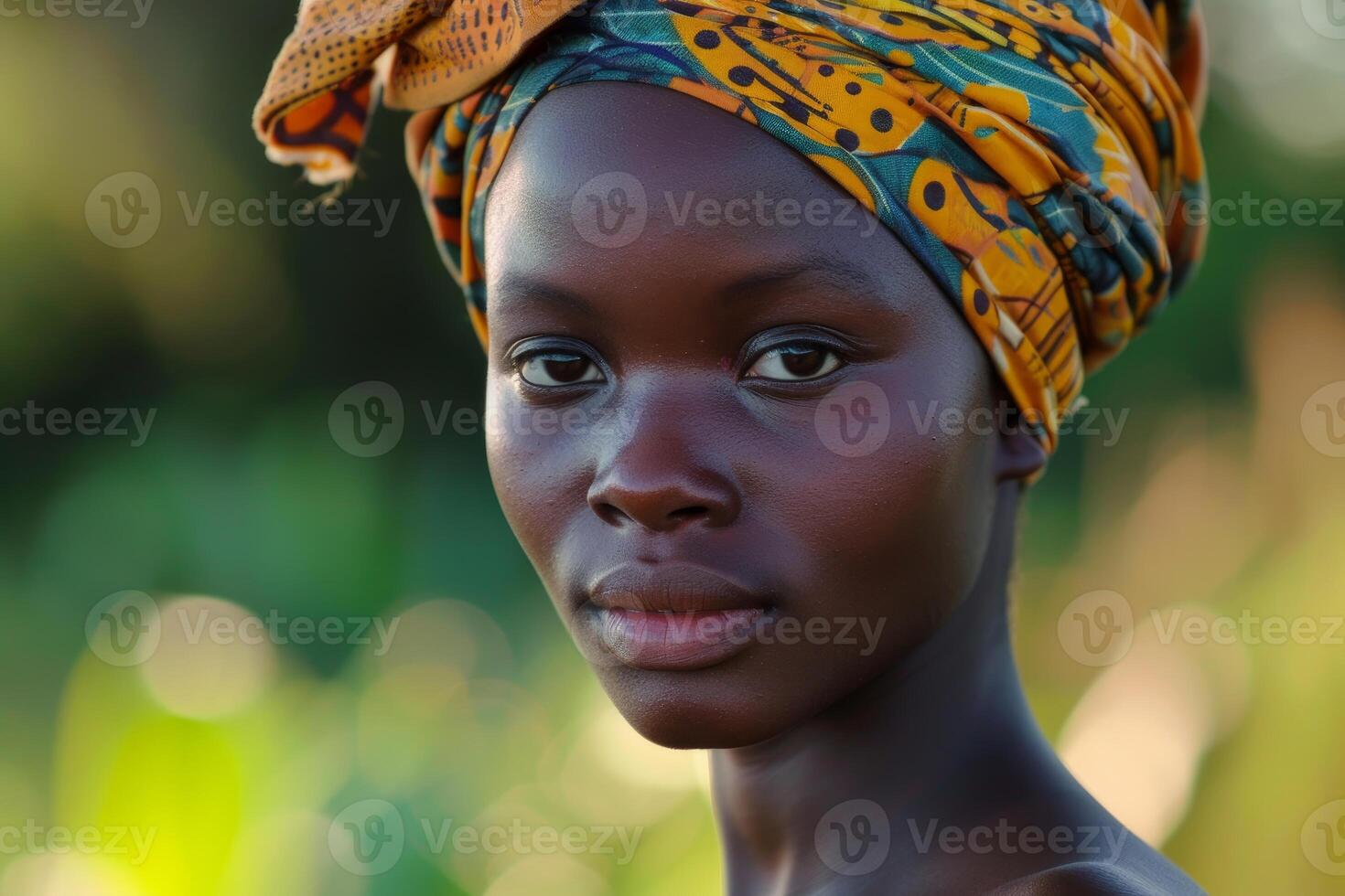 Young african woman wearing traditional headscarf in nature setting photo