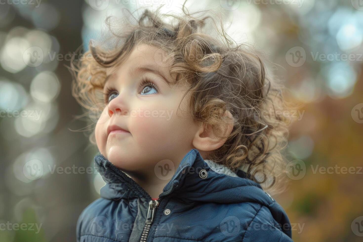 Curious toddler looking up in wonder while exploring nature photo
