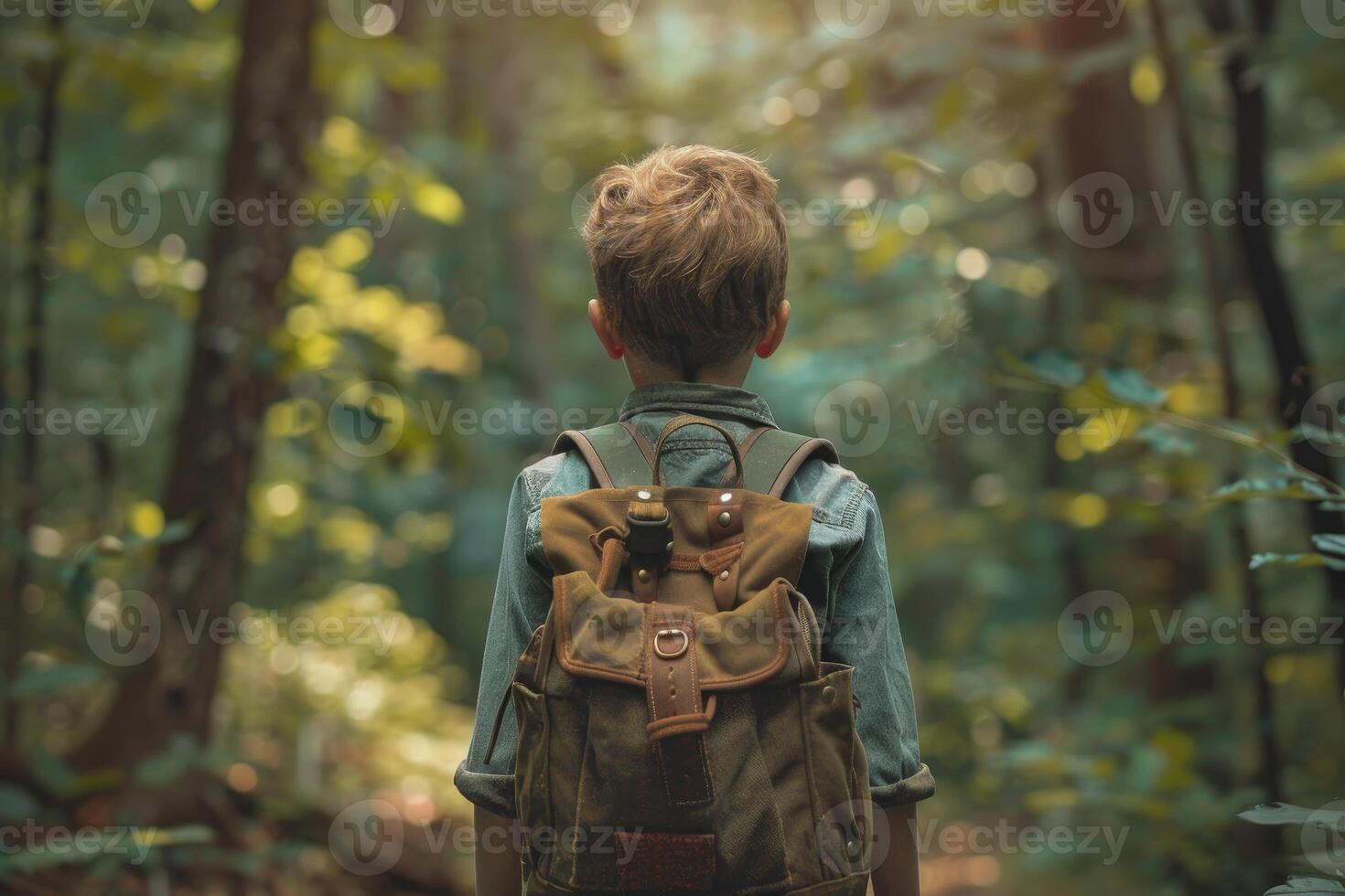 Young hiker exploring lush forest wearing backpack, embracing nature's wonders photo