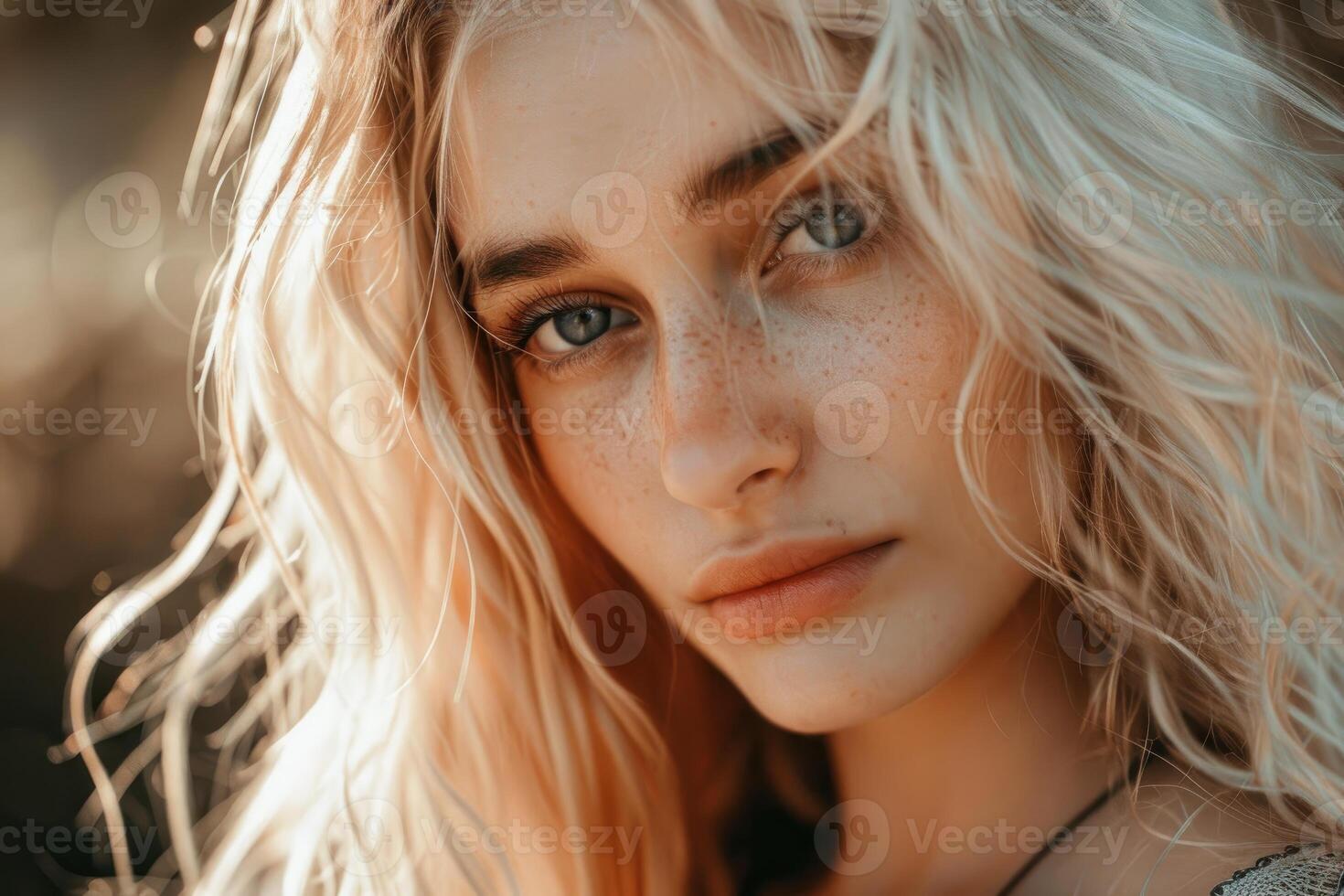 Blonde model showing freckles and long wavy hair in outdoor portrait photo