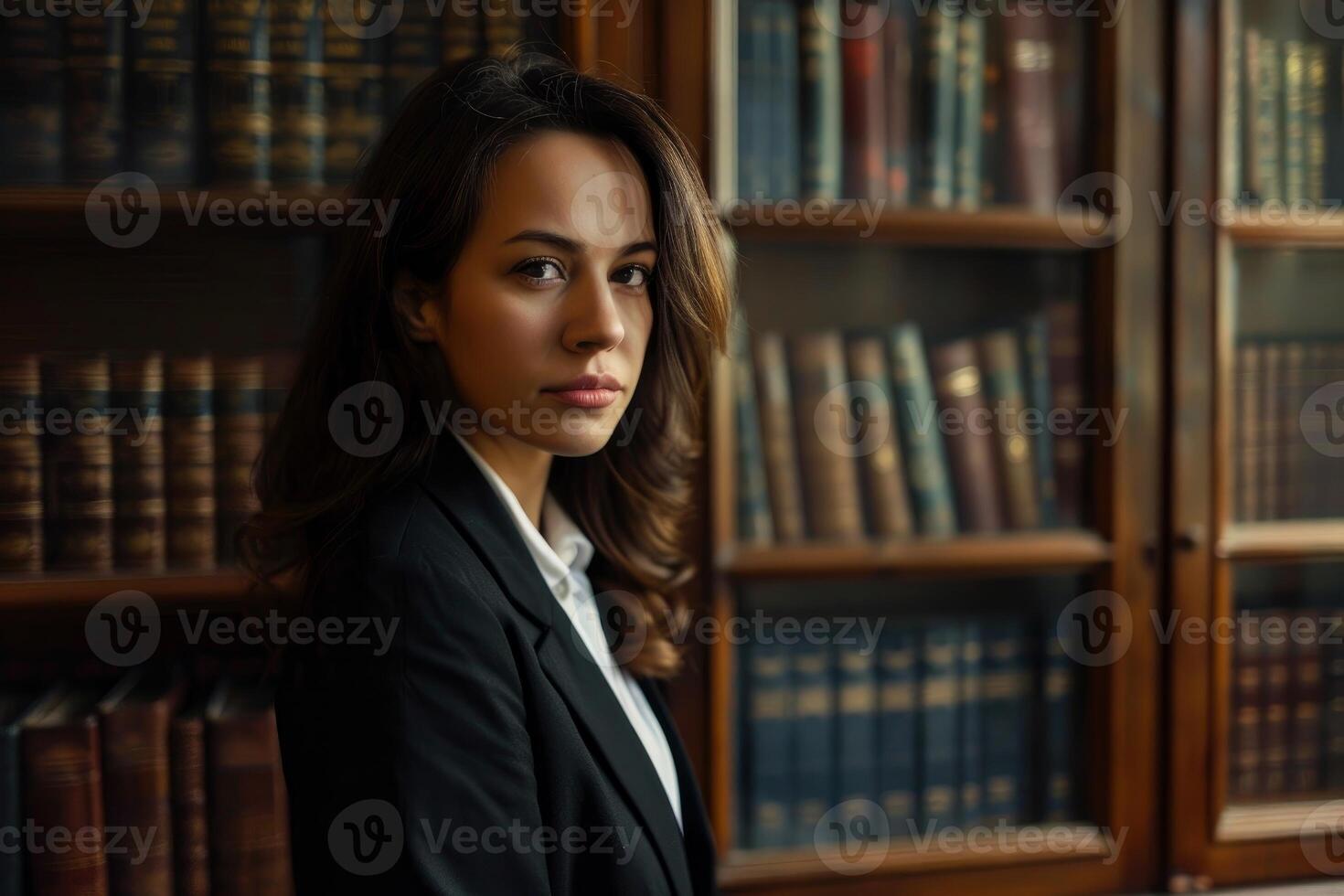 Confident lawyer posing in traditional law firm library with bookshelves photo