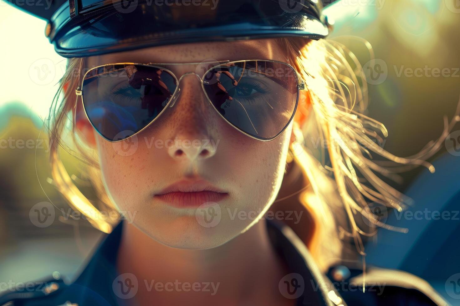 Young policewoman wearing sunglasses and uniform cap is looking serious photo