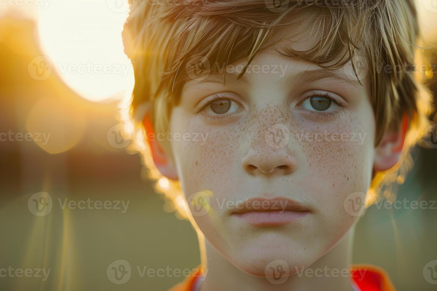 Portrait of freckled boy with blond hair illuminated by sunset light photo