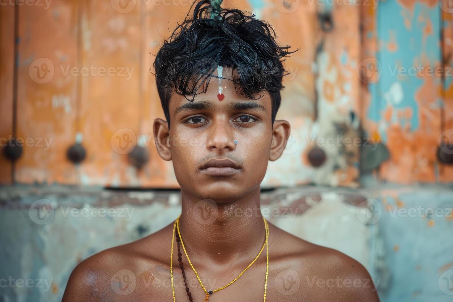 Young hindu devotee posing in front of temple door in tamil nadu, india photo