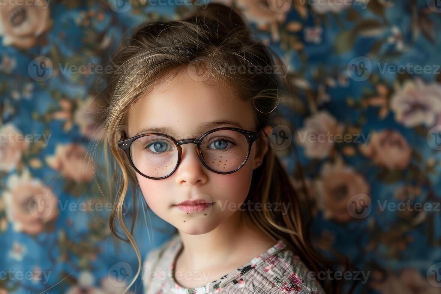 Portrait of cute freckled girl wearing stylish round eyeglasses posing against floral background photo