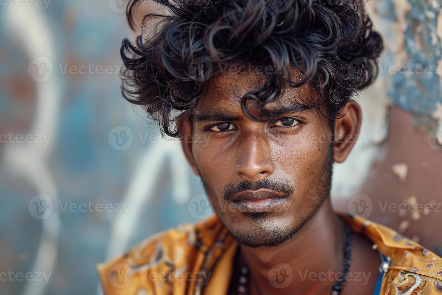 Young indian man posing in front of graffiti wall photo